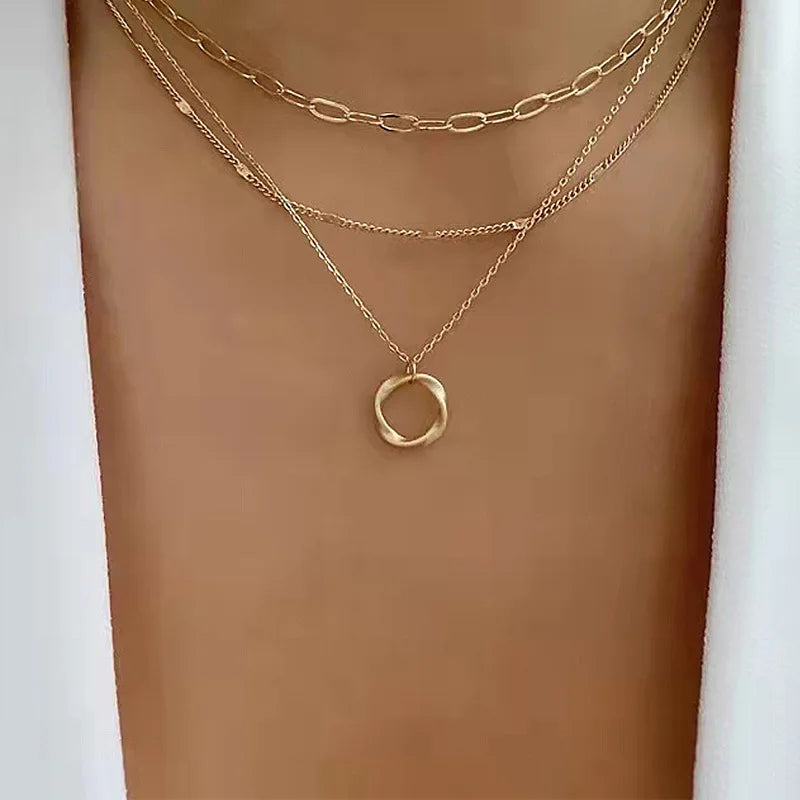 Elegant Gold Plated Layered Ring Shape Chain Necklace Hiphop Multi-layer Paperclip Link Circle Necklace for Women Girls