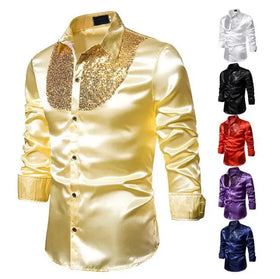 Hot Sale Printed Sequin Glitter Breathable Men's Long Sleeve Shiny Disco Party Shirt Stage Costume Gold Dance Classic Shirt