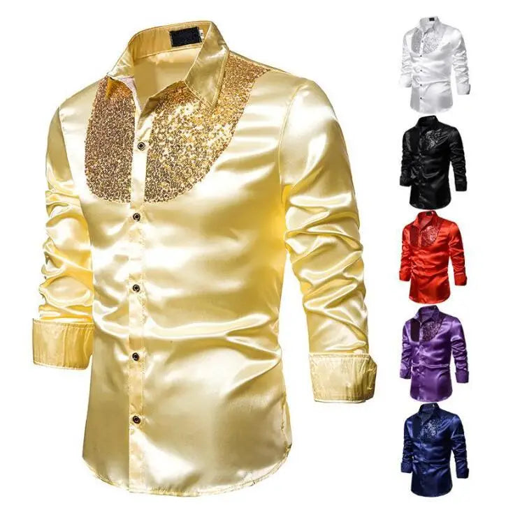 Hot Sale Printed Sequin Glitter Breathable Men's Long Sleeve Shiny Disco Party Shirt Stage Costume Gold Dance Classic Shirt
