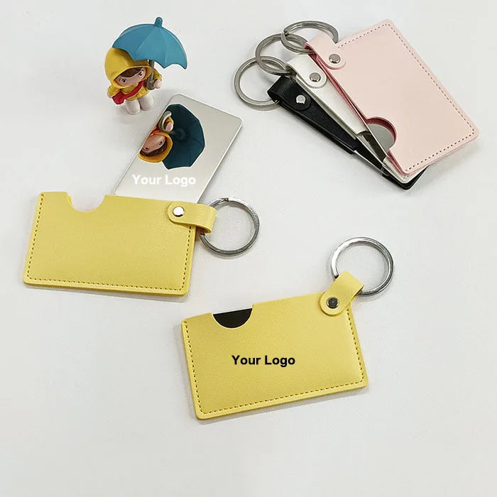 Zonyin Small White Rectangle Pu Leather Keychain Mirror Custom Private Logo Portable Travel Makeup Hand Pocket Mirror for Bag