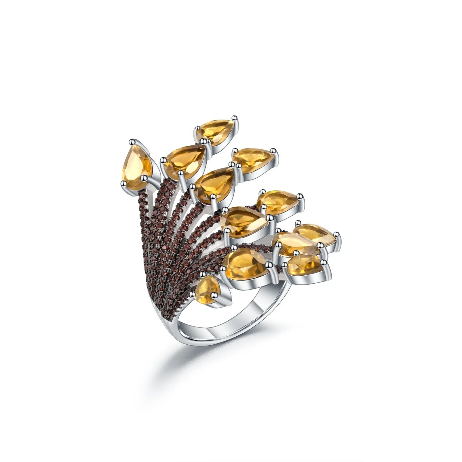 Abiding Inspired Design Ring 925 Sterling Silver Ring Starburst Gemstone Natural Citrine Unisex Luxury Feather Ring