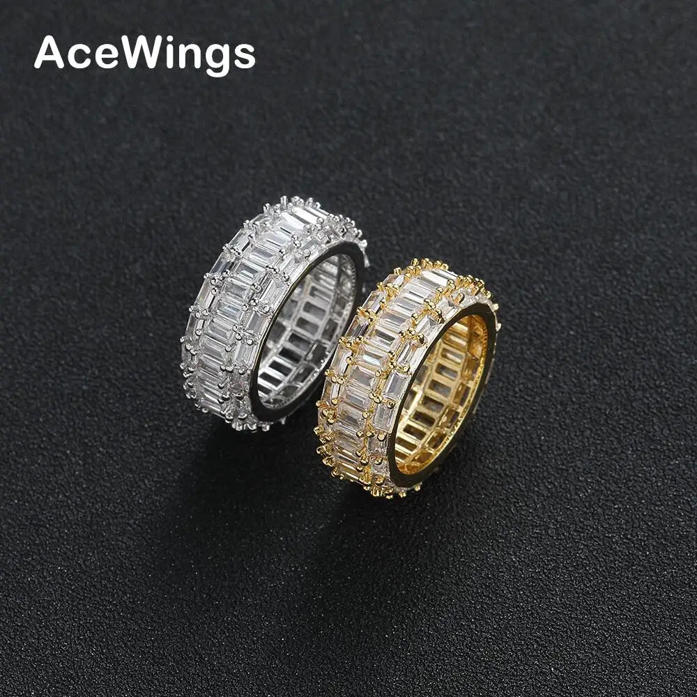 R068 Men and Women's Brass Cubic Zircon Inlay Rings Gold & Silver Plated Hip Hop Jewelry for Party & Engagement Anniversary Gift