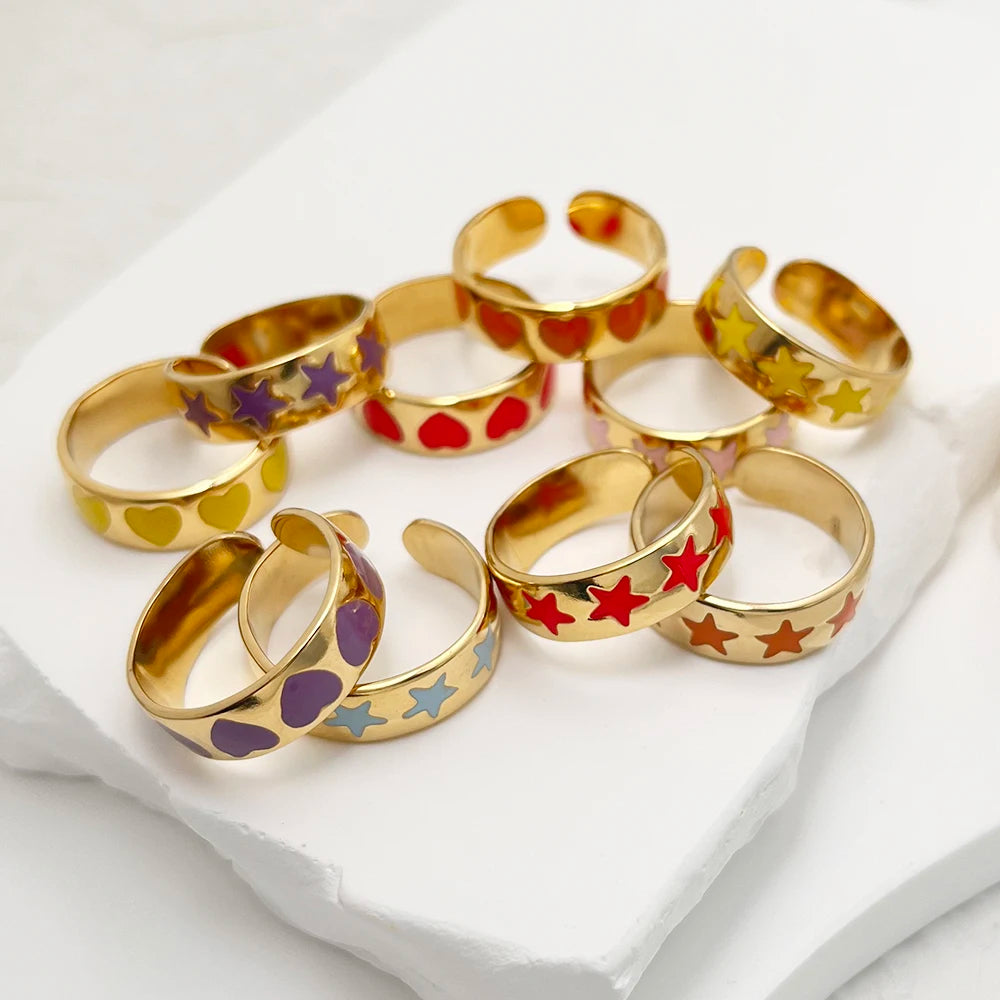 Customized Adjustable Open Ring Classic Trendy Star Heart Enamel 18k Gold Plated Stainless Steel Fashion Jewelry Women Children