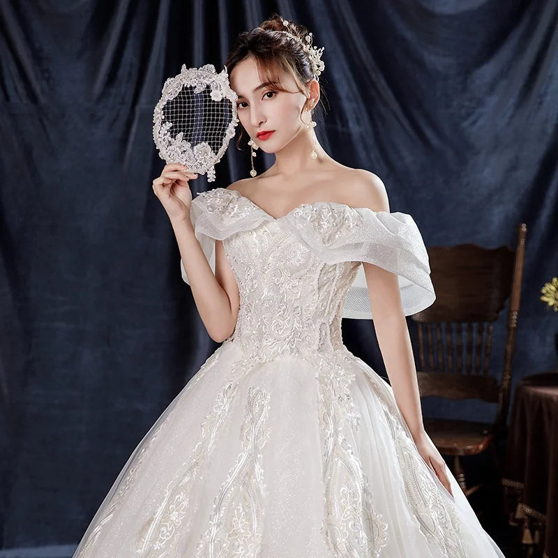 2024 New Temperament One Shoulder Starry Sky Wedding Dress French Fairy Sequins Lace Strap Dress Simple Dream Wedding Dress
