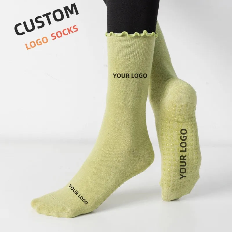 Custom Logo Design Ruffle Pilates Crew Anti Slip Socks Grip Yoga Socks With Embroidery Logo
