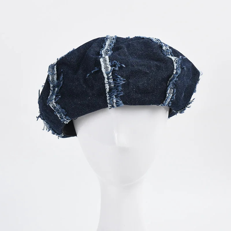 Wholesale Spring Summer New Designer Vintage Jean Fabric Berets Frayed Design Worn Out Distressed Denim Lady Women Beret Hats