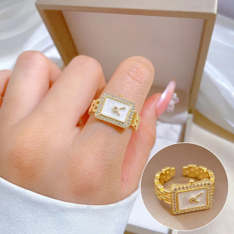 Trendy White Shell Watch Zircon Open Rings Copper Gold Plated Chain Square Watch Shape Finger Rings Jewelry