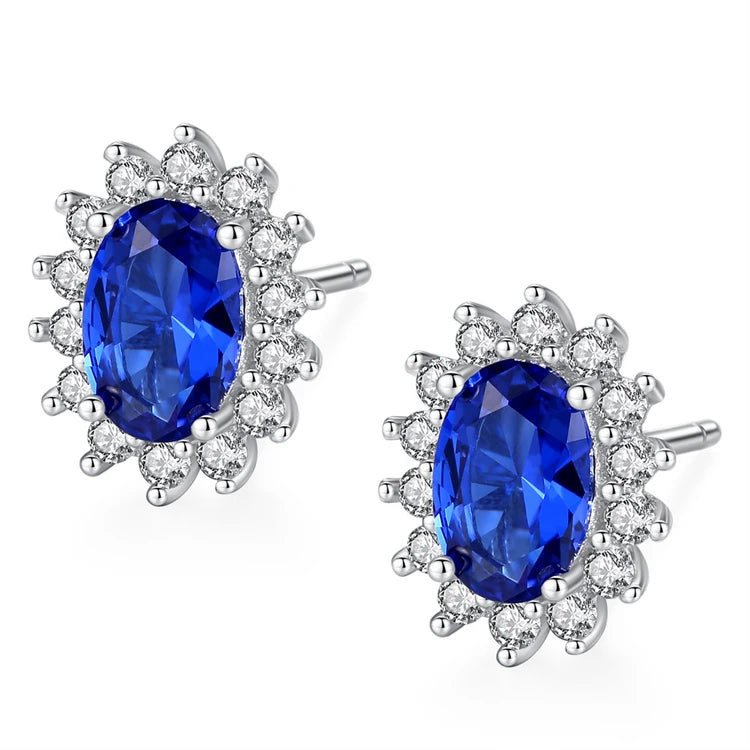 High Pin S925 Silver Small Oval Zirconia Zircon Sapphire Earrings for Wedding Engagement Women