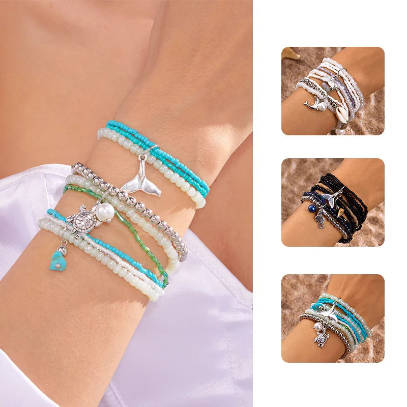 Bohemian Ocean Style Shell Turtle Tail Rice Beads Multi Layer Bracelet Women's Stacked Elastic Rice Bead Bracelet