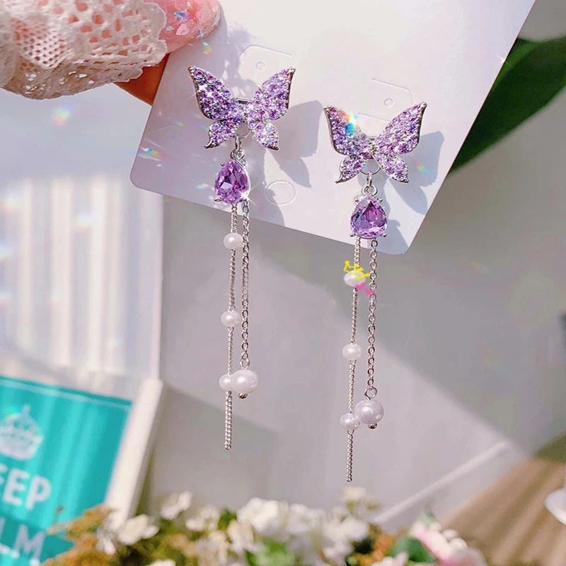 Wholesale Korean Shiny Butterfly Rhinestone Drop Elegant Pear Earrings for Women