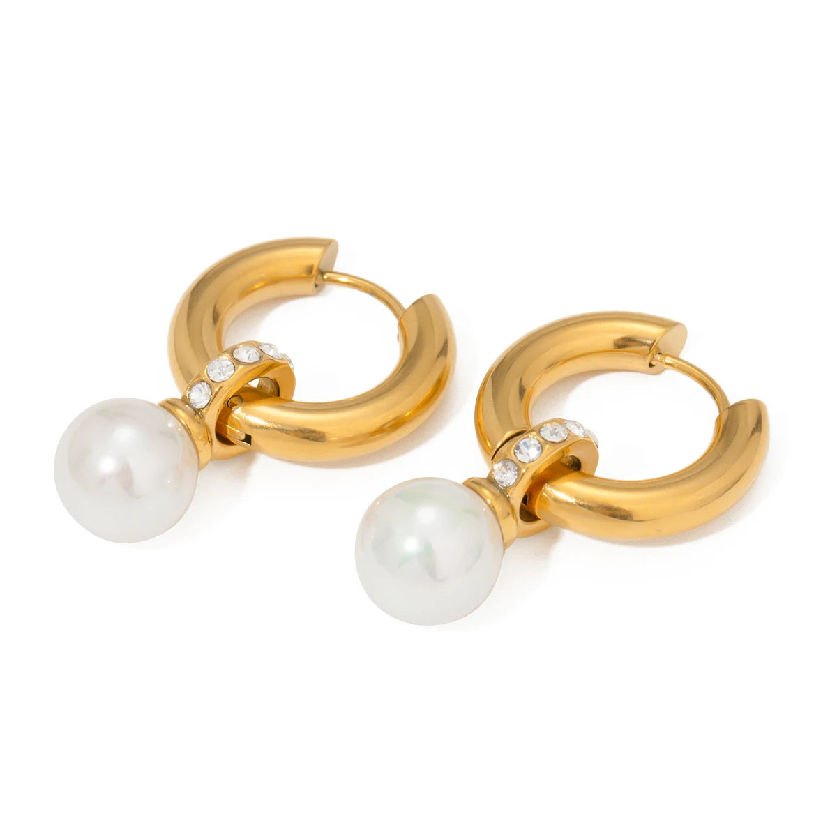 J&D 18k Gold Stainless Steel Full Circle White Zirconia Hoop Earrings Shell Pearl Elegant Fashion Accessory