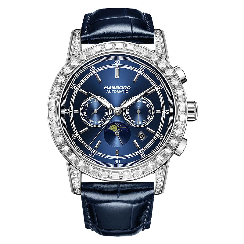 HANBORO Men's Multi-Functional Fully Automatic Mechanical Watch 5ATM Waterproof Stainless Steel Case Diamond-Inlaid Luminous