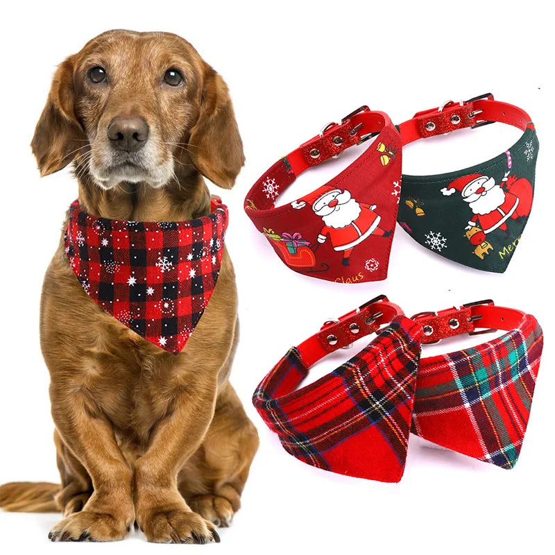 PU Leather Christmas Dog Bandana Collar Scarf Classic Plaid Snowflake Santa Claus Adjustable Christmas Dog Bandana Collar