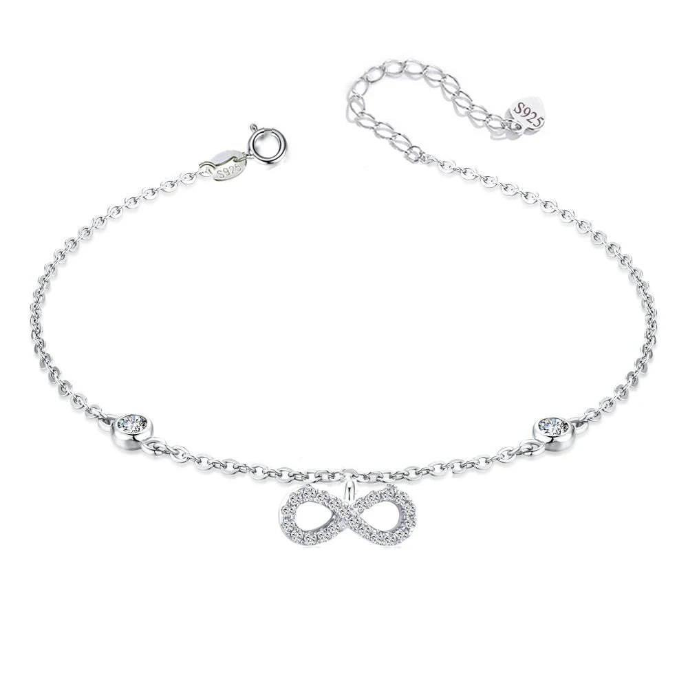 Hypoallergenic Women's Party Jewelry S925 Sterling Silver Infinity Symbol Thick Chain Link Bracelet with White Zircon Stones