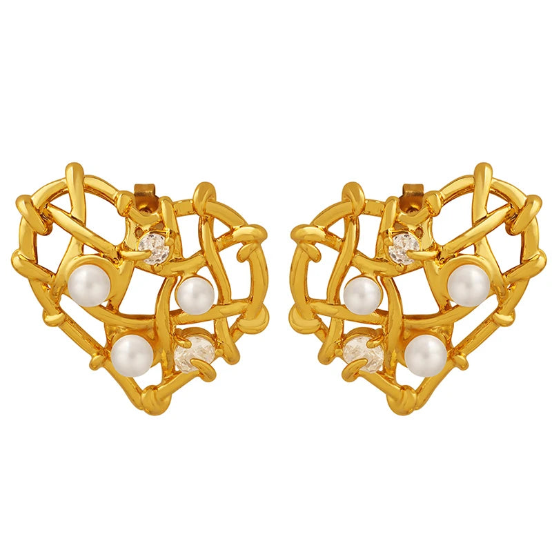 Fine Jewelry Earrings Heart Shaped Hollow Zircon Pearl Personality Trend Earrings