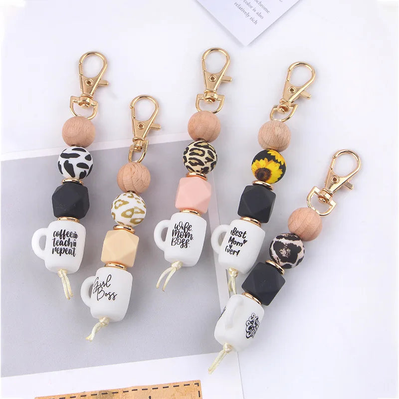 Cartoon-Style Silicone Beaded Keychain Gold Keyring Mama Gift Key Holder for Car Bag Purse Charm Wristlet Accessory Coffee Mug