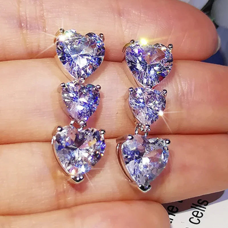 CAOSHI Exquisite Silver Plated Love Heart Three Stone Diamond Stud Earrings for Women Engagement Drop Earrings