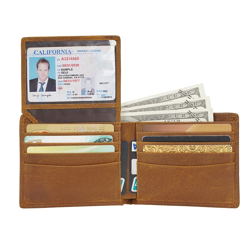 Customize Logo Vintage Design Retro Brown Bifold Crazy Horse Real Leather Wallet Full Grain Cow Genuine Leather Wallet for Men