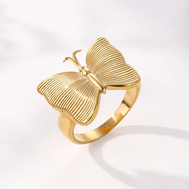 Women Jewelry New Stainless Steel Cast Fashion 18k Pvd Plated Waterproof Texture Gold Butterfly Ring
