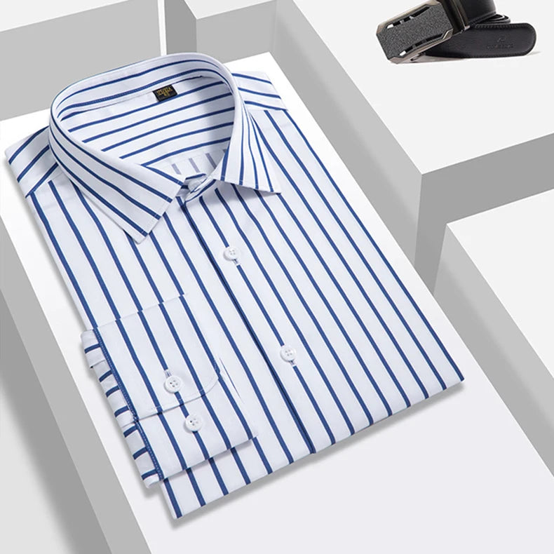 Wholesale Customized High-grade Silk Men's Shirts Treasure Blue Striped Long-sleeved Summer Cool Shirt