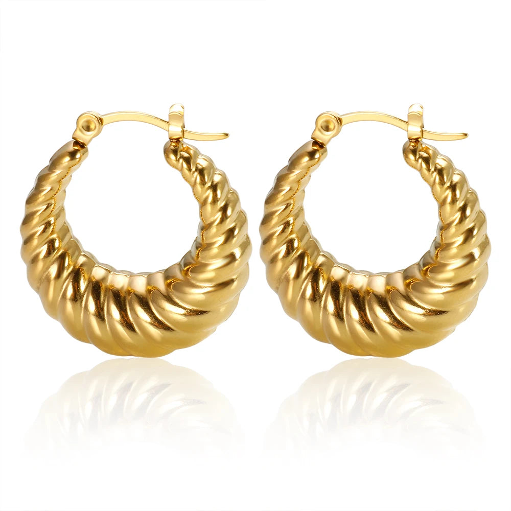 New Fashion Stainless Steel PVD 18K Gold Plated Chunky Hollow Croissant Hoop Earrings for Women Waterproof Jewelry
