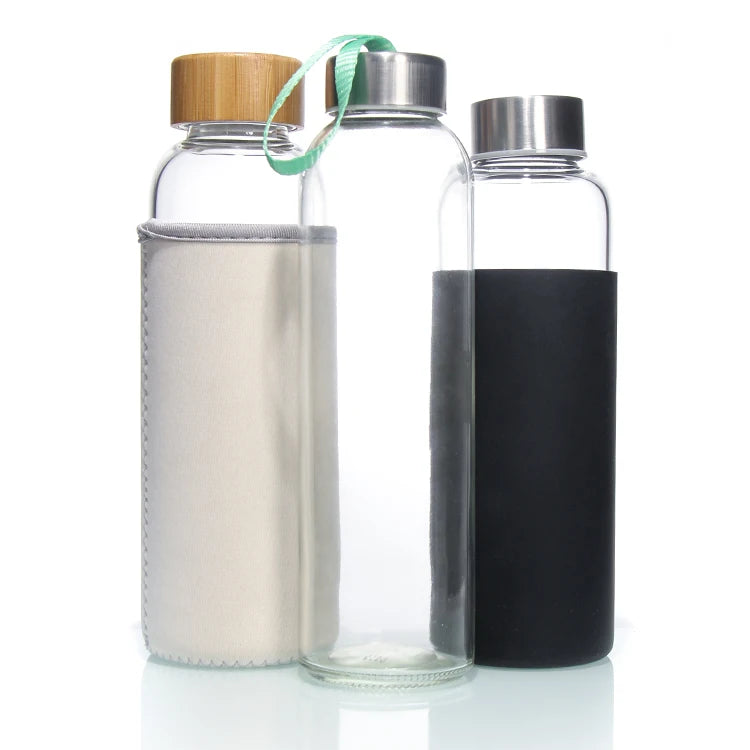 IDEA Hot Selling Custom Logo Luxury Glass Water Bottle with Sleeve Bamboo & Stainless Steel Lids Promotional Gift