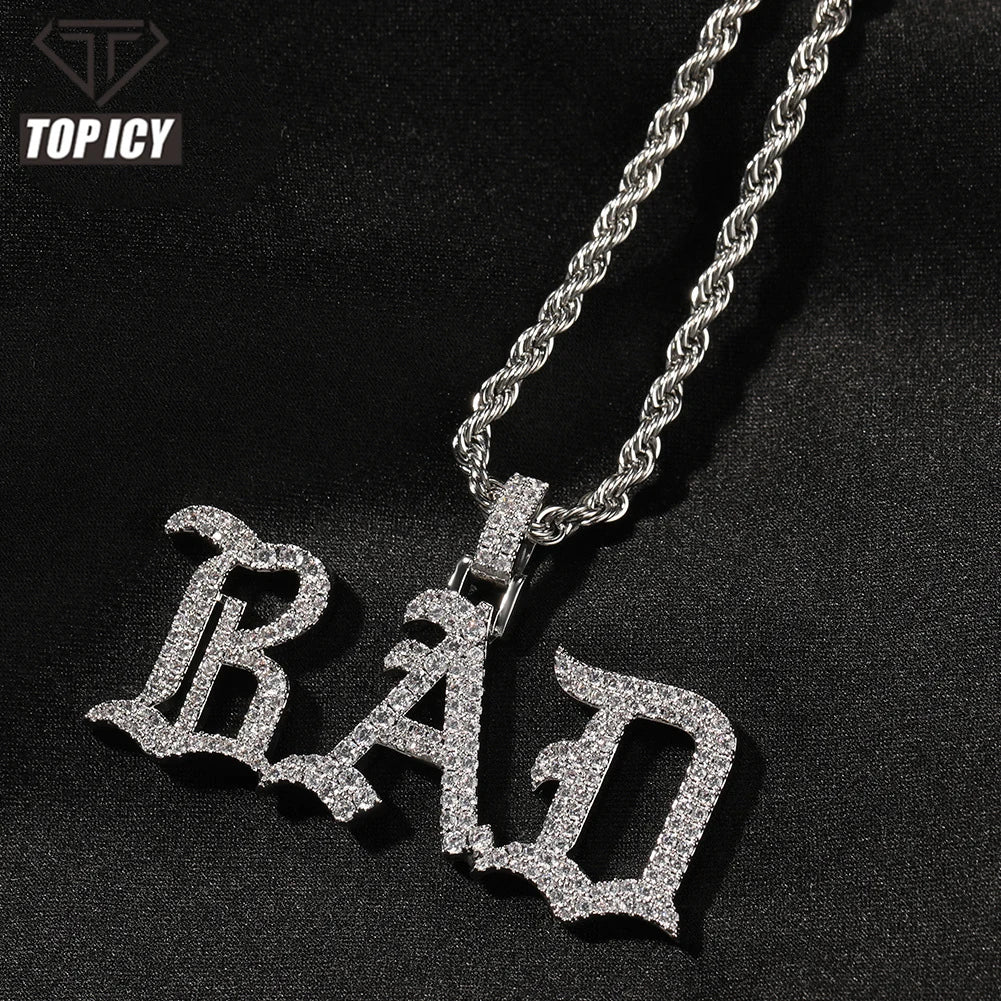 Top Icy Iced Out Vintage Old English Letter Necklace Personalised Name Two Rows CZ Retro Name Pendant for Men and Women