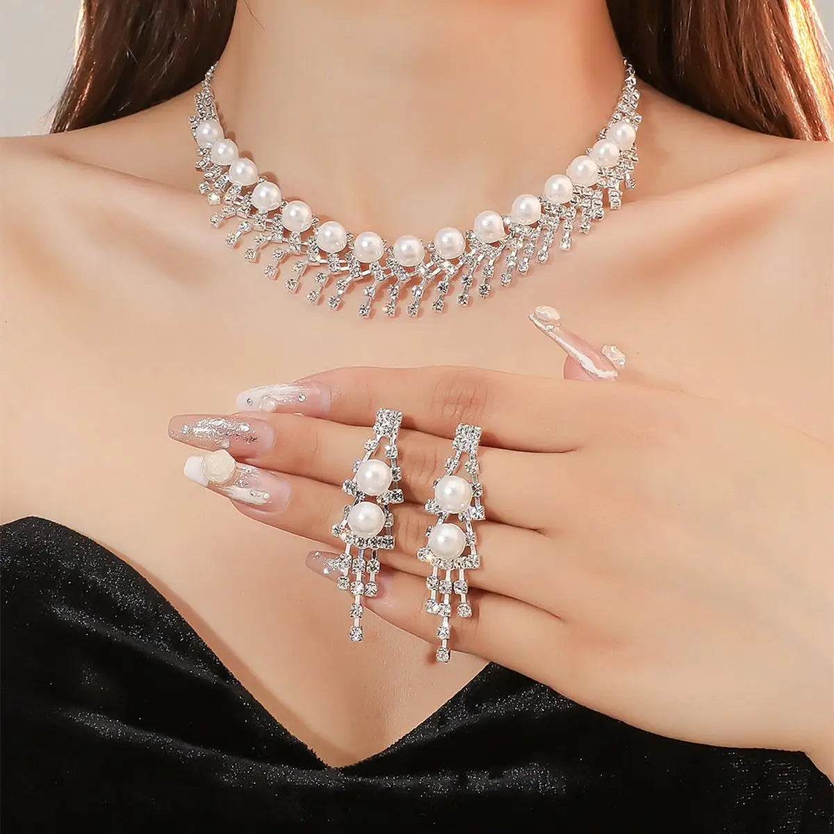 Elegant Drop Shape Necklace Earrings Jewelry Set Bridal Wedding Jewelry Sets Rhinestone Pearl Jewelry Set for Women