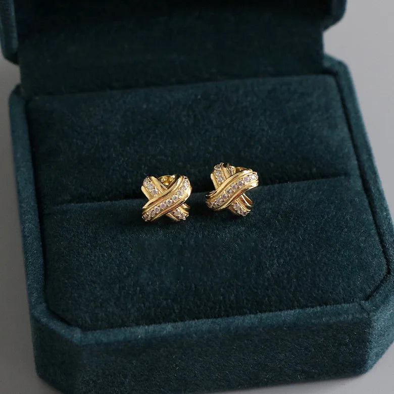 French Vintage 14K Gold Plated Pure 925 Sterling Silver Geometric Newliner Stud Earrings for Women Girls