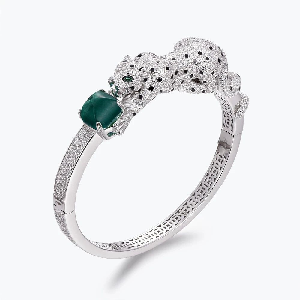 925 Sterling Silver Rhodium Plated Women's Fashion Bracelet Cuff with Leopard Zircon and Green Onyx for Party and Gift Jewelry