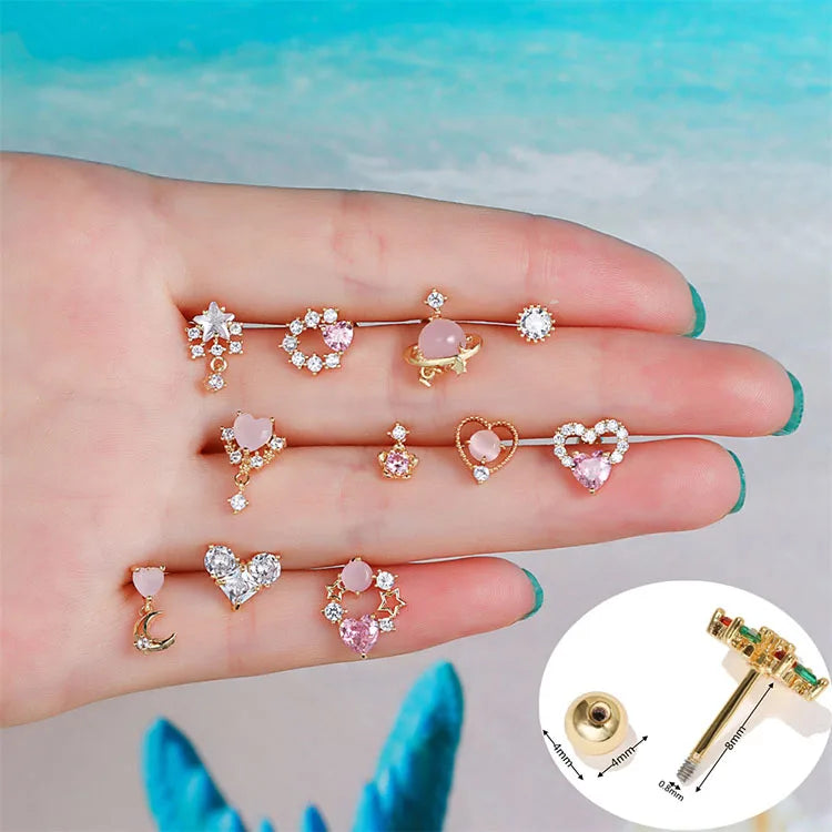 Piercing Ear Stud Brass Earring Jewelry Mini Pink Star Heart Moon Zircon Studs Cartilage Piercing Earrings