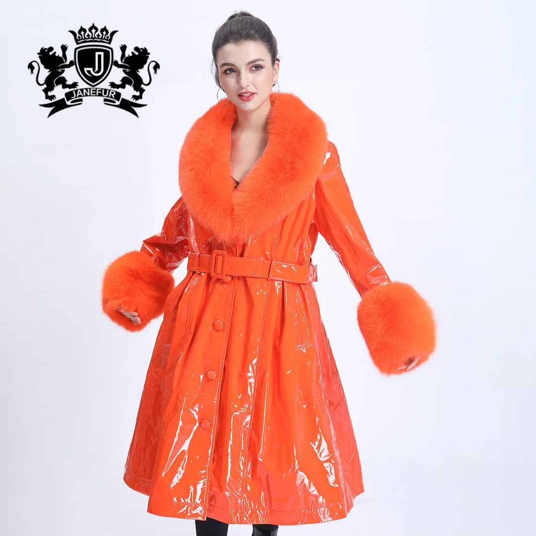 Wholesale Lady Real Fox Fur Genuine Long Lambskin Leather Fur Coat Jackets