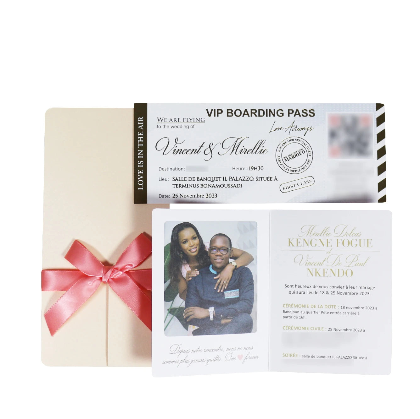 Custom Passport Invitation Card with Photo Printed Boarding Pass Destination  Bowtie  in Pink for Wedding Events