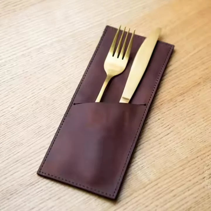 Custom Personalized Cutlery Pouch Eco-Friendly Leather Cutlery Pouch Hotel Restaurant Wedding Christmas Utensils Pouch