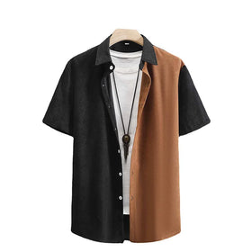 Hot Fashion New Men's Fashion Trend Casual Corduroy Patchwork Short-sleeved Shirts for Men