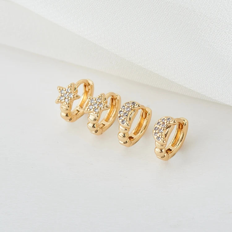 2025 New Fashion Teen Girl Zircon Earrings 14K Gold Plated Small Pave CZ Star Moon Shape Women Hoop Earrings