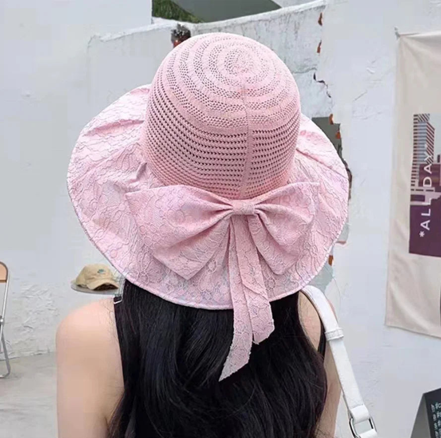 2026 Wholesale Large Brim Bow Lace Breathable Sunshade Hat Women's Hollow Mesh Hat Summer Bucket Hat for Women