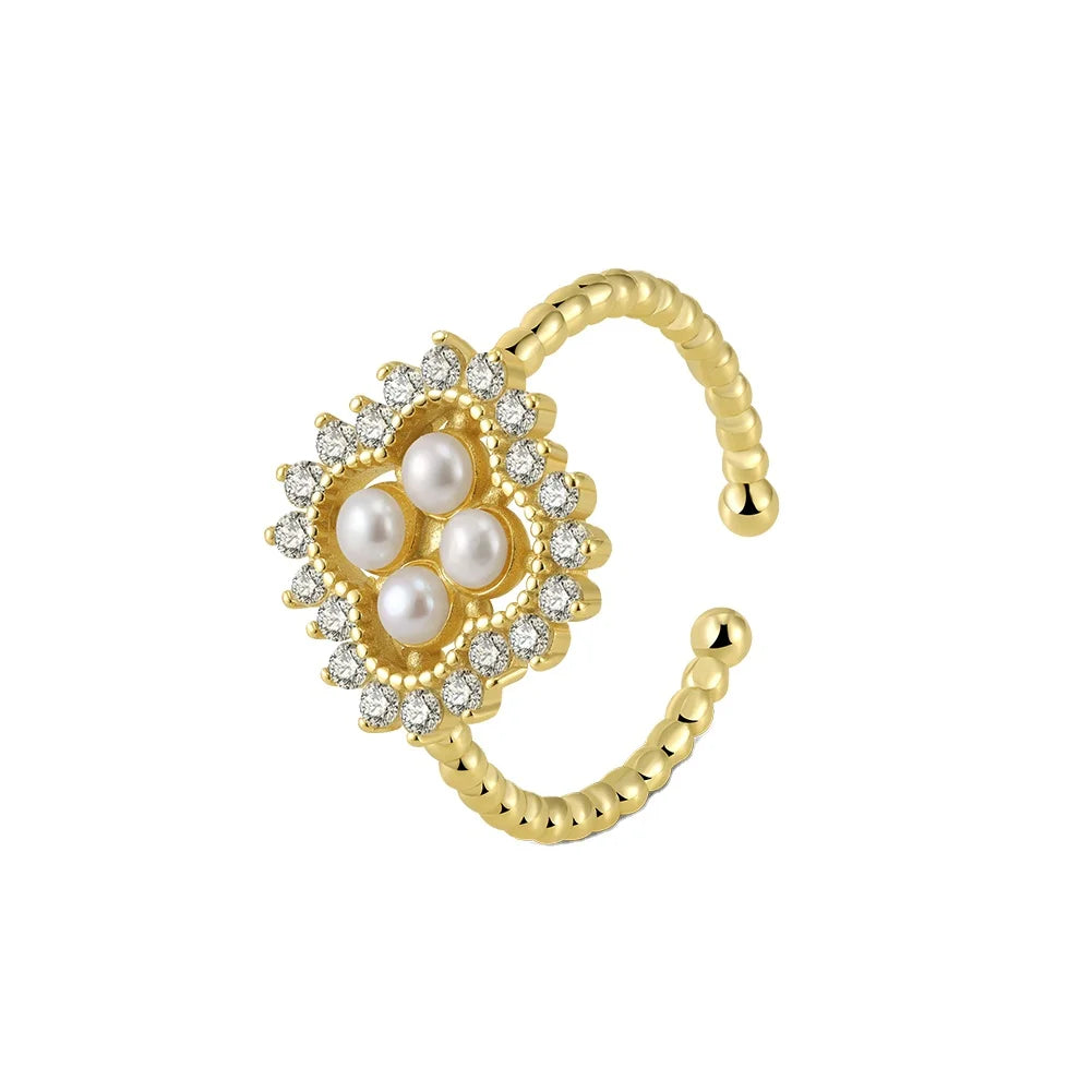 Rinntin GPR25 Wreath Zirconia Freshwater Cultured Pearl Four Leaf Clover Design Ring Adjustable 925 Sterling Silver Open Ring