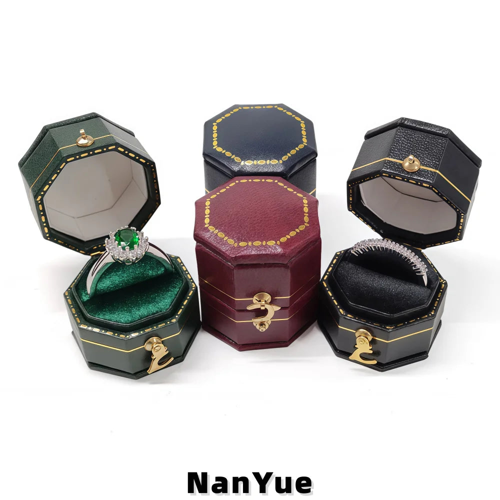 Vintage Octagonal Portable Ring Box Engagement Wedding Luxury Jewelry Storage Case Interior Plush Velvet Custom Jewelry Gift Box