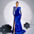 Luxury Mermaid Evening Dresses Woman's Crystal Appliques Side Split Formal Draped Satin Elegant Party Prom Gowns