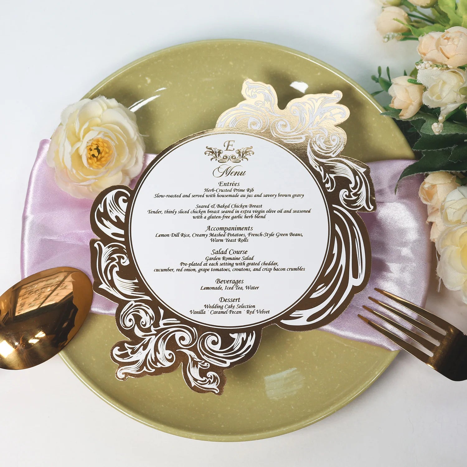 Free Sample Unique Elegant Paper Party Menu Cards with Custom Shape and Gold Foil Text for Wedding&Birthday Event Decoration