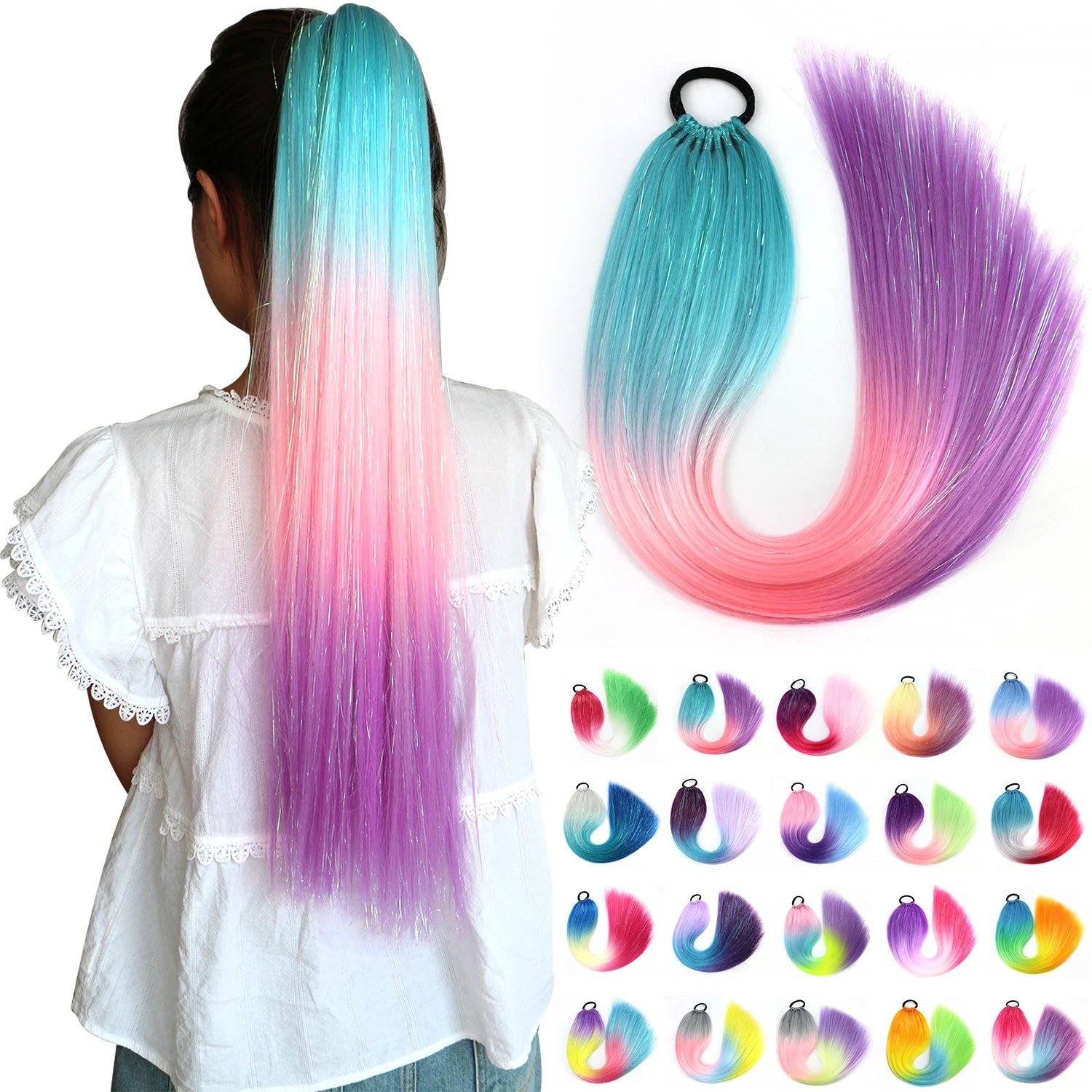 New DIY Braid Pony Tail Rainbow Glitter Tinsel Braiding Hair Ponytail Extension Synthetic Braiding Hair With Tinsel
