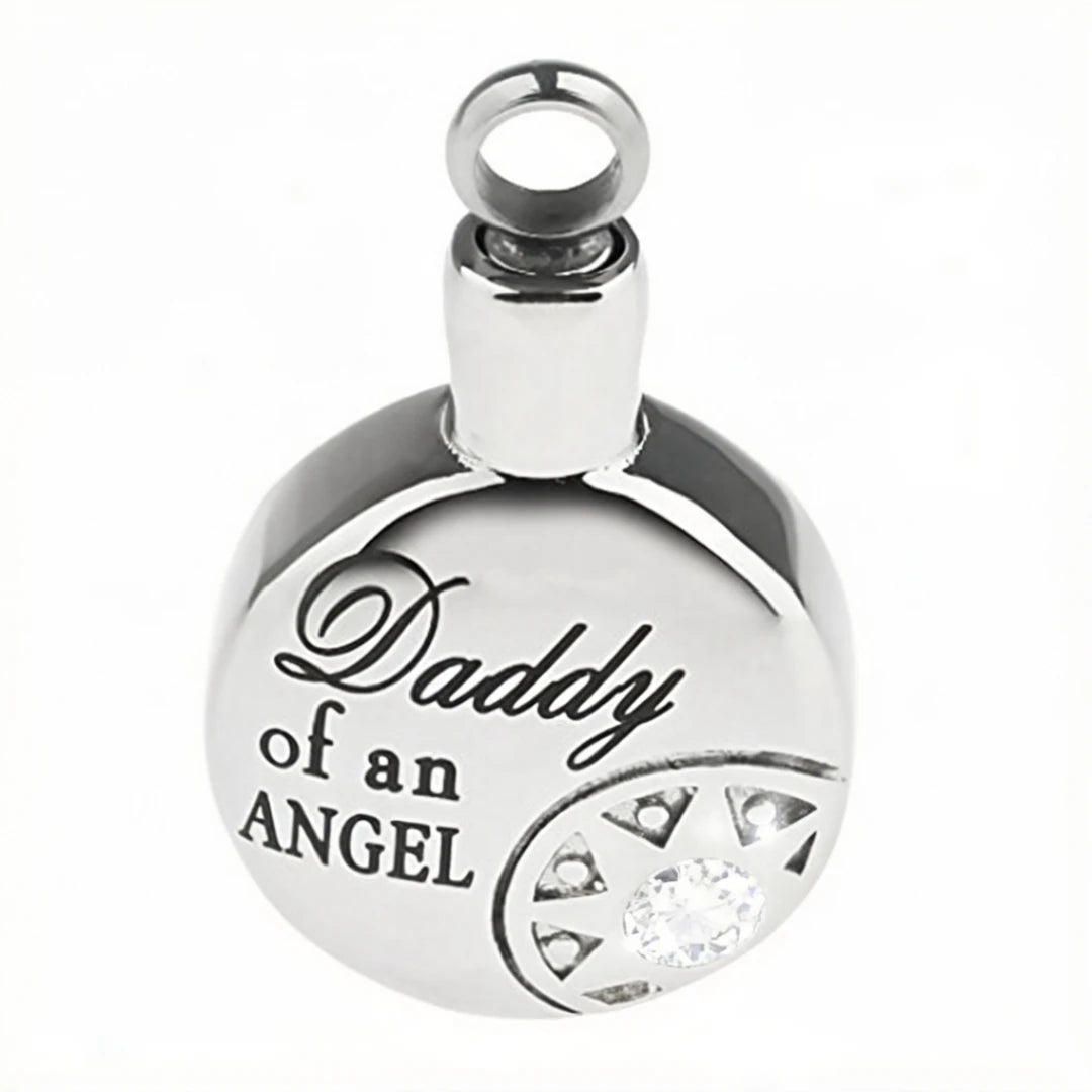 Daddy Mommy Angel Cremation Crystal Round Urn Stainless Steel Ash Memorial Necklace Dad Mom Holder Keepsake Pendant Vintage Jar