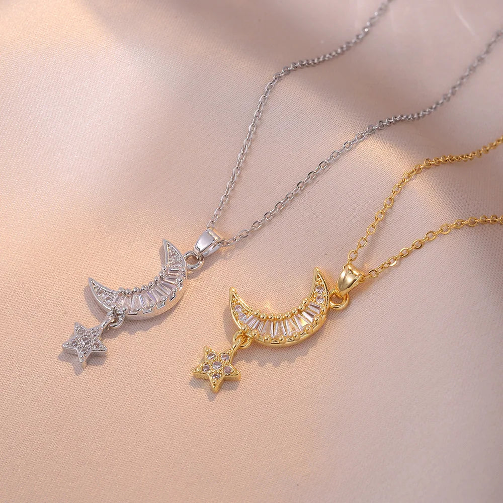 2024 New Fashion Jewelry Stainless Steel Chain Necklace Moon Star Necklace Shiny Zircon Pendant Necklace for Women