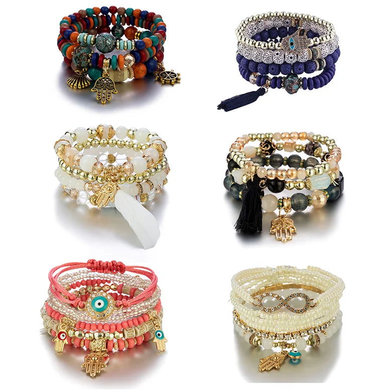 New Design Custom Slap Charm Boho Bead Jewelry Set Bangle Bracelet Women Handmade Quality Hasma Hand Fun Bead Bracelet 2022