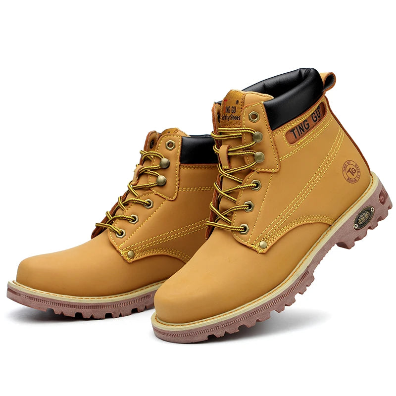 S3 Security Brown Work Boots Goodyear Rubber Soles Waterproof Leather Steel Toe No Lace Cap Safety Shoes for Winter Autumn