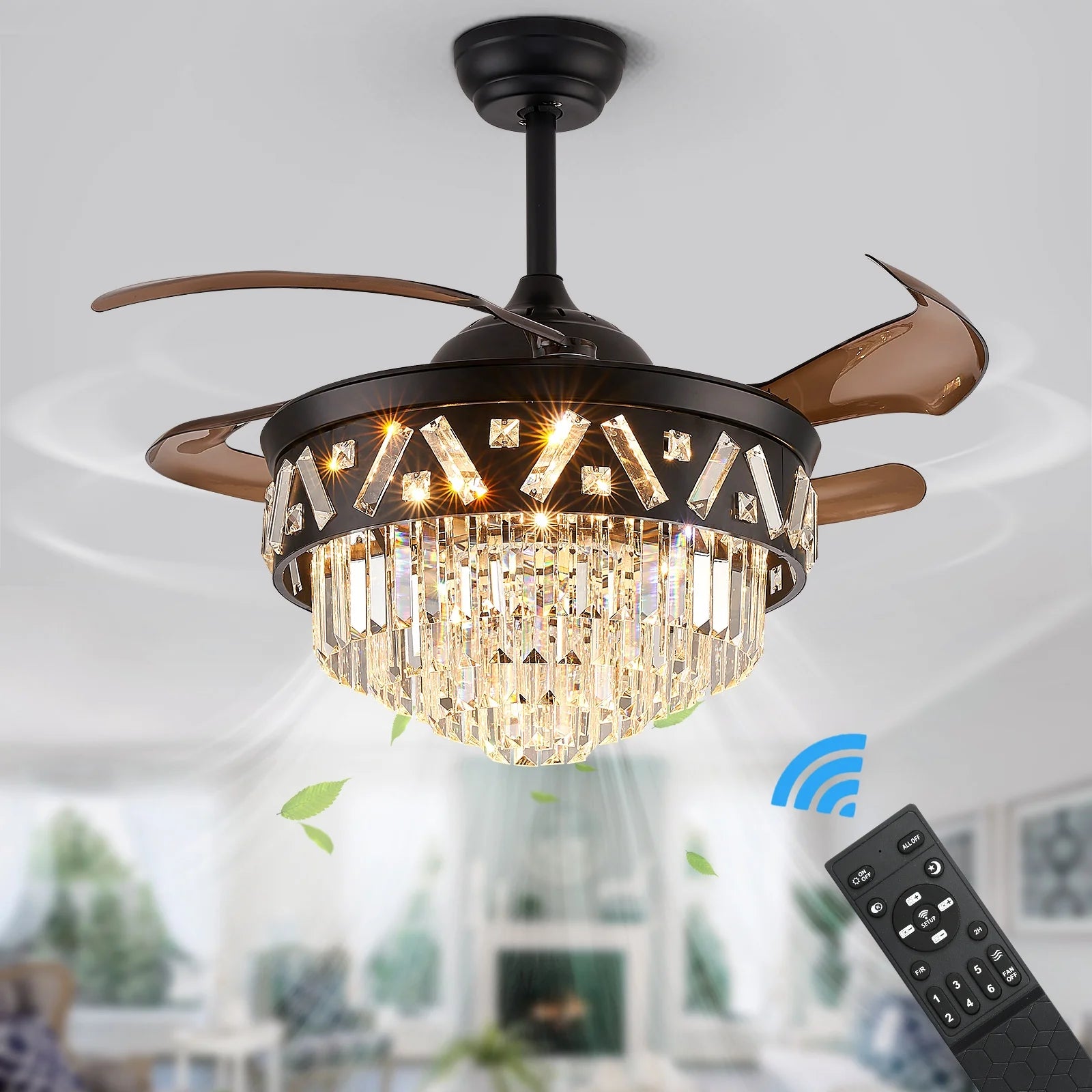 Black 42 Inch 4 Blades 6 Adjustable Speeds Carbon Steel Crystal Dimmable Remote Control Ceiling Fan Light for Living Room