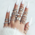 14PCS/Set Fashion Pearl Love Butterfly Chain Hollow Cross Multilayer Opening Ring Set Bohemia Style Pearl Ring Set