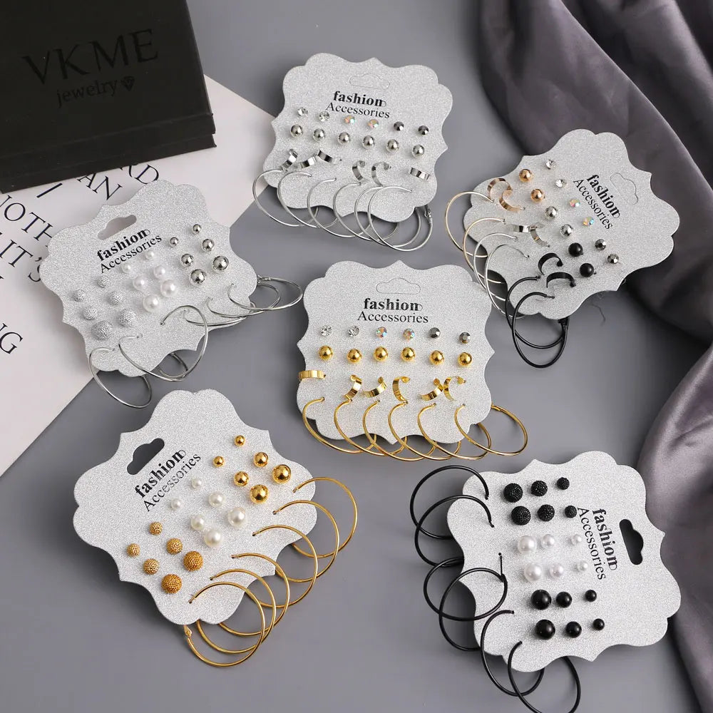 VKME Fashion Gold Plated Silver Earrings Rhinestone Pearl Stud Earrings Set for Women Jewelry