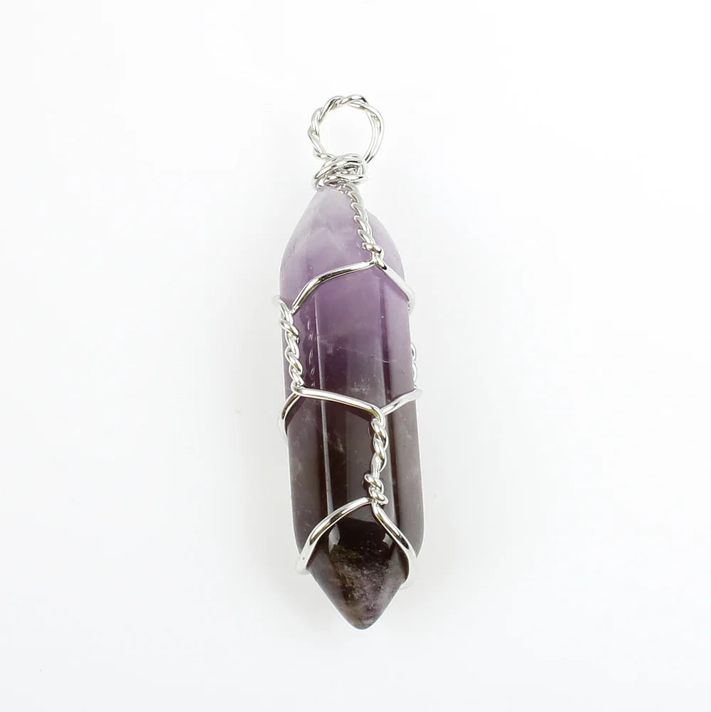 Cross-border Natural Crystal Point Amethyst Winding Hexagon Pendant Necklace for Sweater Necklace